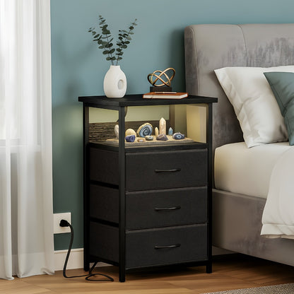 Nightstand with Charging Station & USB Port | 3-Drawer Bedside Table with LED Light, Heavy Duty End Table for Bedroom, Dorm & Small Spaces
