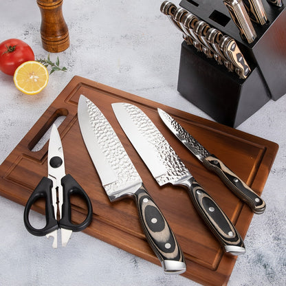 Kitchen Knife Set 15 Piece – Chef Knife Block Set with Self-Sharpening Wooden Block, Steak Knives & Hammered Stainless Steel Blades, Perfect Gift for Home Cooks & Men