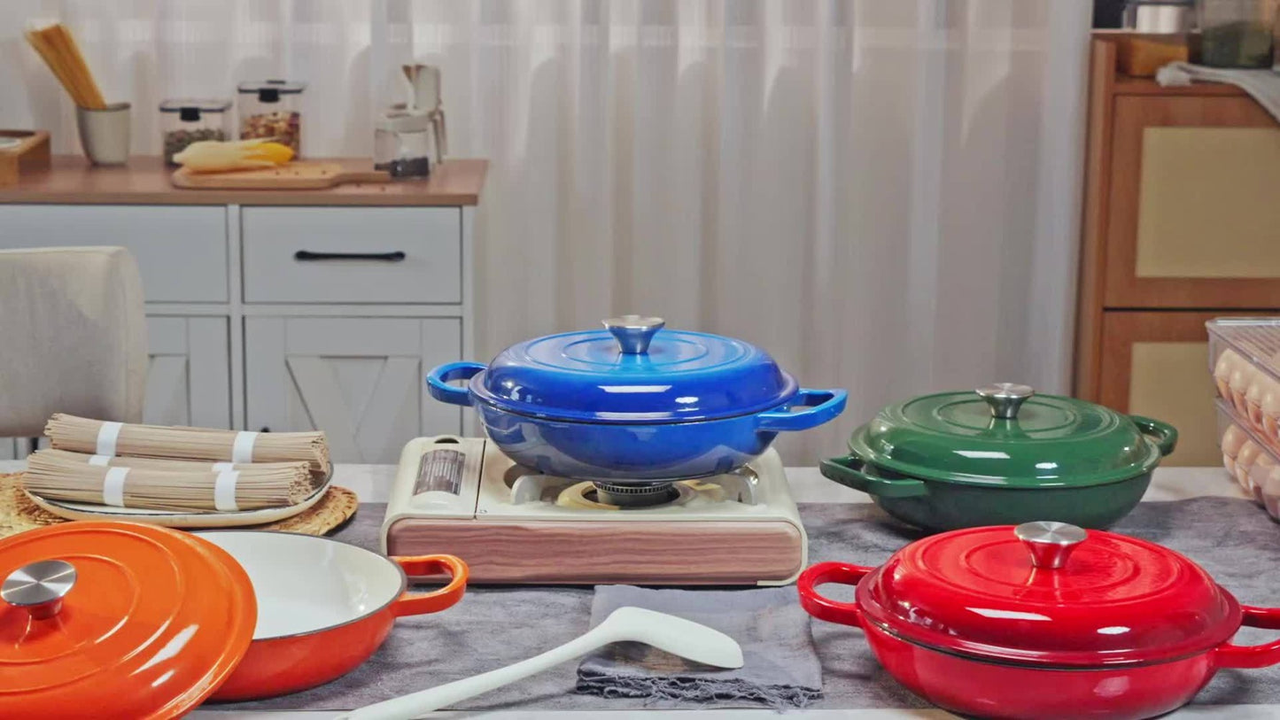 Enamel Cast Iron Dutch Oven 3QT with Lid, Shallow Braiser Pot with Double Handles for Cooking Braising Stewing, Compatible with All Stovetops & Oven – Colorful Enameled Cast Iron Cookware