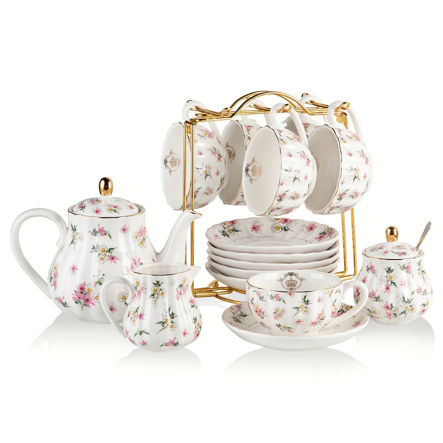 Porcelain Tea Set Service for 6 British Royal Floral Design with Teapot Sugar Bowl Cream Pitcher Teaspoons Tea Strainer 8oz Cups Saucers for High Tea Wedding Party Gift