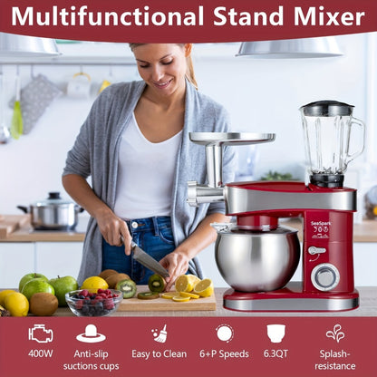 Stand Mixer 6-in-1 400W with 6.3QT Stainless Steel Bowl – 6-Speed & Pulse Tilt-Head Kitchen Mixer with Dough Hook Beater Whisk Juicer Meat Grinder Noodle Press | Electric Food Mixer Black Red Purple Silver