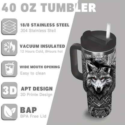 40oz Viking Tumbler with Handle - Wolf Raven Norse Mythology Celtic Knot Stainless Steel Insulated Travel Mug, Viking Gift for Men Women, Coffee Mug for Viking Lovers, Norse Mythology Gift