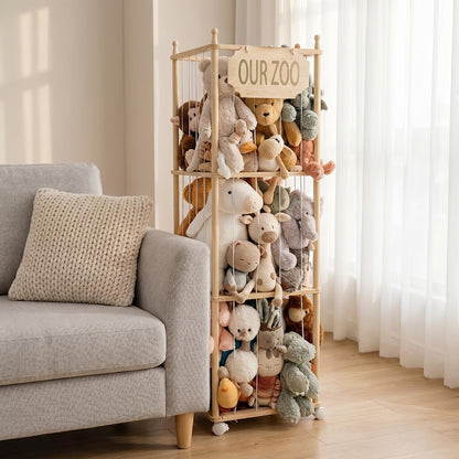 Stuffed Animal Storage Tower Wooden Zoo Cage Design Large Plush Toy Organizer Holder for Kids Playroom Bedroom No-Tool Assembly Boys Girls Gift