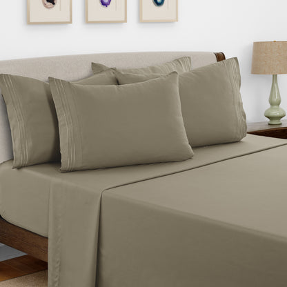 Bed Sheets Set 6 Piece - Soft Brushed Microfiber Fitted Sheet with 16" Deep Pocket, Flat Sheet & Embroidered Pillowcases, Hotel Luxury Cooling Bedding, All Seasons, 20 Colors