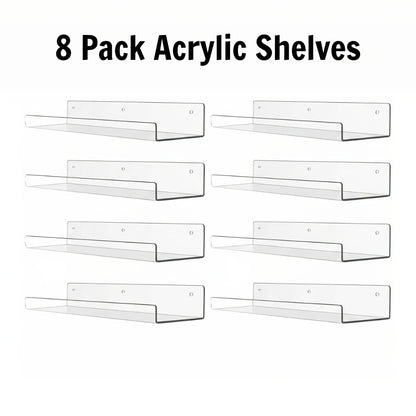 Acrylic Floating Wall Shelves - Clear Display Shelf Organizer for Bathroom, Bedroom, Living Room & Kitchen, 15x4 Inch Wall Mounted Storage Bookshelf, Set of 4/8/16 Pack Room Decor
