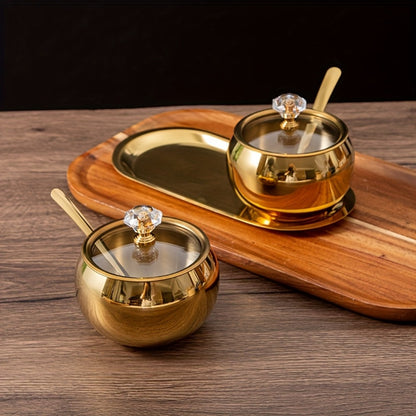 Golden Stainless Steel Seasoning Jar Set 2 or 3pcs Spice Containers with Lid and Spoon Serving Tray for Pepper Salt Spices Candy Coffee Beans Kitchen Organizer