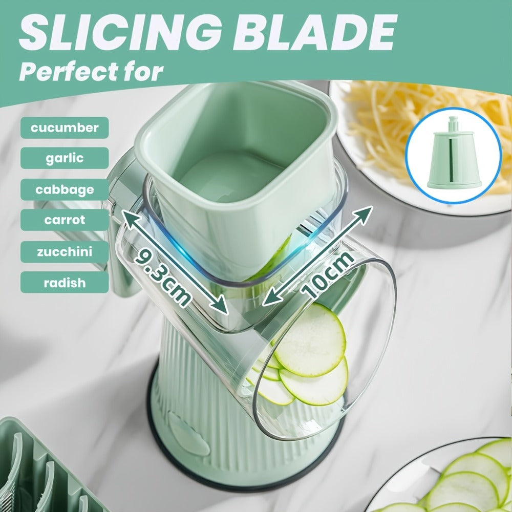 Rotary Cheese Grater with Interchangeable Blades – 5-in-1 Manual Vegetable Slicer Shredder Set, Suction Cup Base, Easy to Clean, Multifunctional Kitchen Tool for Fruits, Vegetables & Nuts