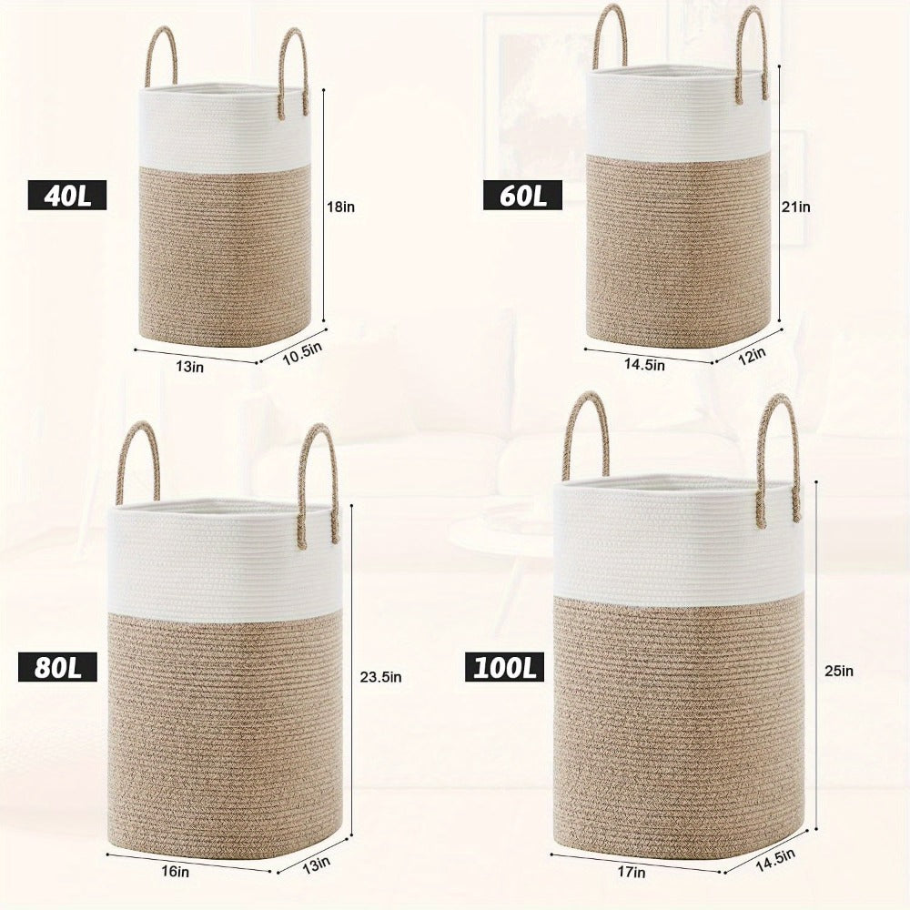 Woven Cotton Rope Laundry Basket Large Hamper with Handles for Bathroom Bedroom Living Room – Jumbo Boho Storage Basket for Clothes Blankets Toys | 40L 60L 80L 100L
