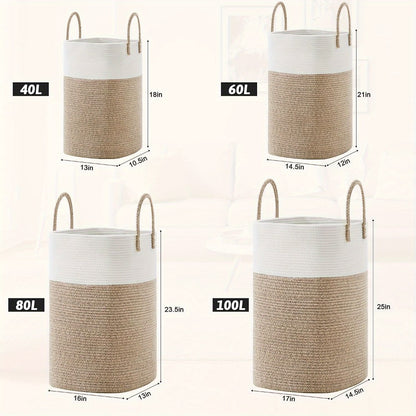Woven Cotton Rope Laundry Basket Large Hamper with Handles for Bathroom Bedroom Living Room – Jumbo Boho Storage Basket for Clothes Blankets Toys | 40L 60L 80L 100L