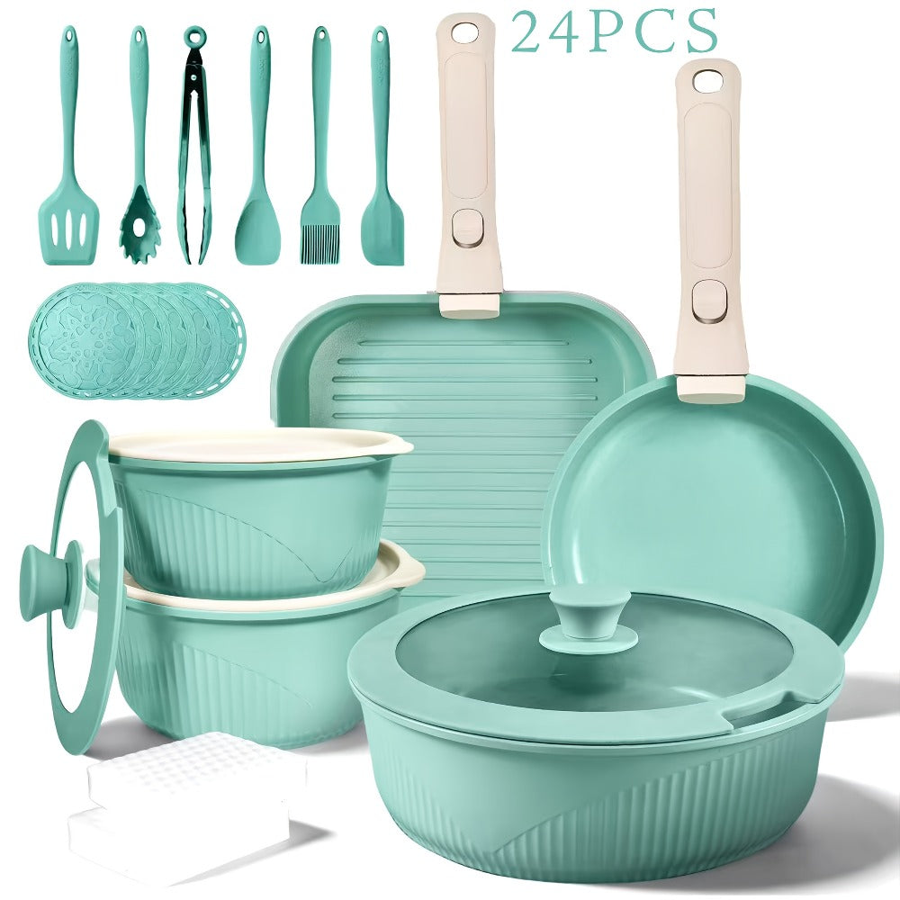 Nonstick Cookware Set 5/7/24 Piece Induction Ready with Detachable Handles – Stackable Pots & Pans Set Includes Skillet Frying Pan Soup Pot Steak Pan for Home RV Kitchen, Multiple Colors