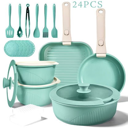 Nonstick Cookware Set 5/7/24 Piece Induction Ready with Detachable Handles – Stackable Pots & Pans Set Includes Skillet Frying Pan Soup Pot Steak Pan for Home RV Kitchen, Multiple Colors