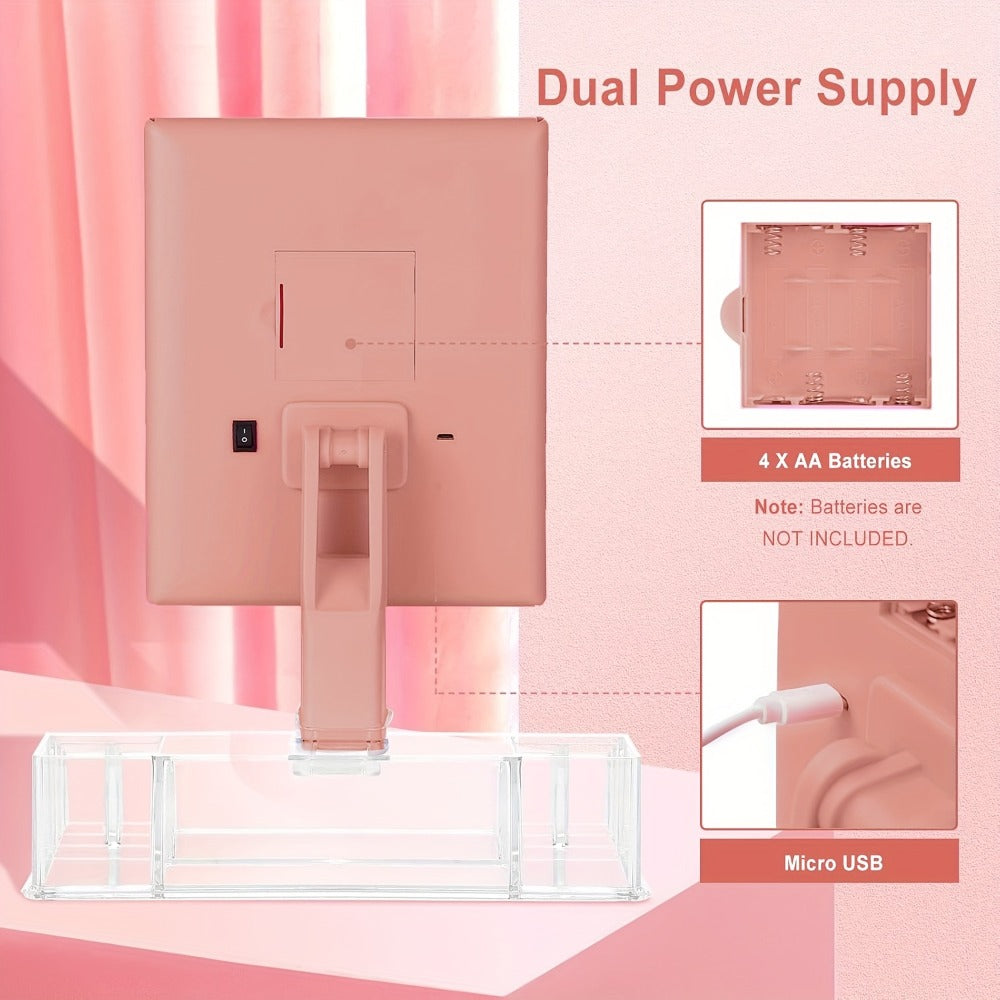 Lighted Makeup Mirror with Storage – Tri-Fold Vanity Mirror 24 LED Lights, Touch Screen, 3X/2X/1X Magnification, 180° Rotation, Dual Power Supply, White & Rose Gold