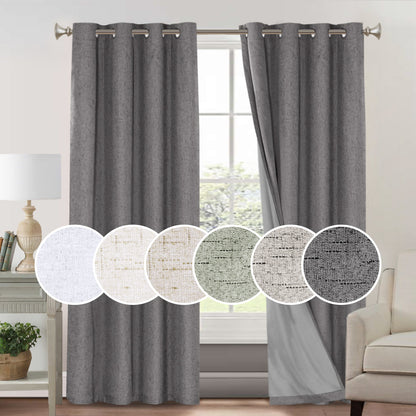 Blackout Curtains 2 Panels 100% Blackout Linen Textured Thermal Insulated Grommet Window Drapes Noise Reducing for Bedroom Living Room Hall - Full Light Blocking Room Darkening Curtains