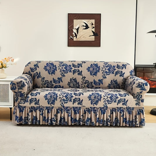 Stretch Sofa Cover with Skirt Design High Elasticity Anti-Slip Fixing Rod All Season Printed Slipcover Fits 1 2 4 Seater Sofa - Dark Blue with Matching Pillowcase