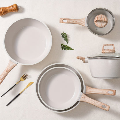 Cookware Set 12 Piece Pots and Pans Set Non-Stick Granite Coating with Frying Pans Casserole Saucepan Glass Lids Pan Protectors Compatible with All Stovetops Including Induction