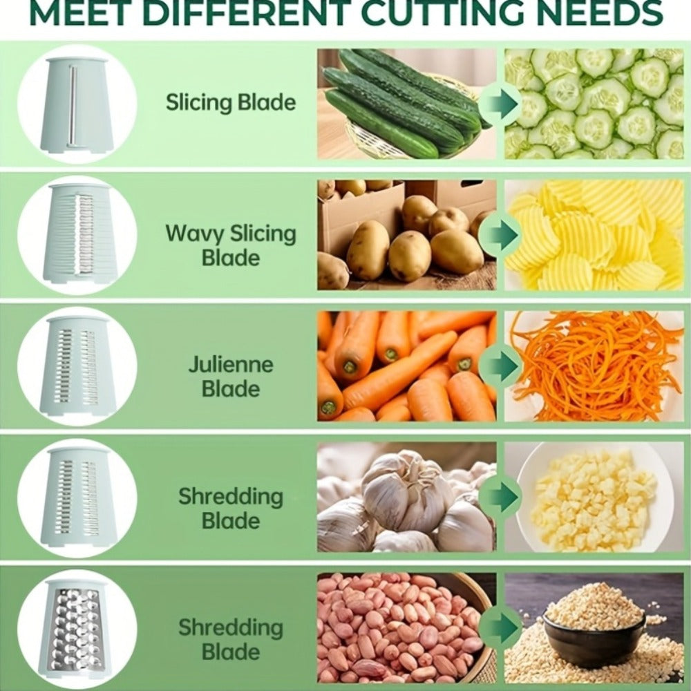 Rotary Cheese Grater with Interchangeable Blades – 5-in-1 Manual Vegetable Slicer Shredder Set, Suction Cup Base, Easy to Clean, Multifunctional Kitchen Tool for Fruits, Vegetables & Nuts