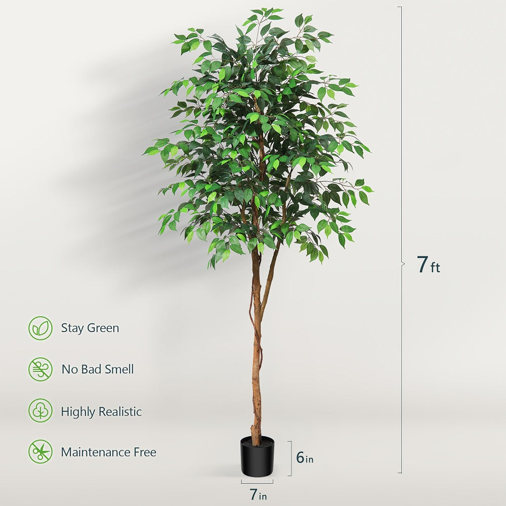 Artificial Ficus Tree Tall Fake Potted Plant Natural Wood Trunk Lifelike Silk Leaves 4FT 5FT 6FT 7FT Indoor Outdoor Living Room Bedroom Office Home Decor No Maintenance