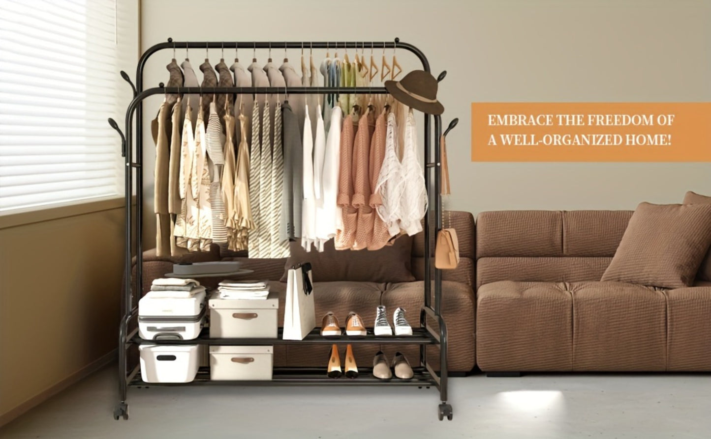 Double Rod Clothes Rack with Wheels Metal Heavy Duty Garment Rack with Shelves and Hooks Portable Closet Organizer for Bedroom Living Room Gold