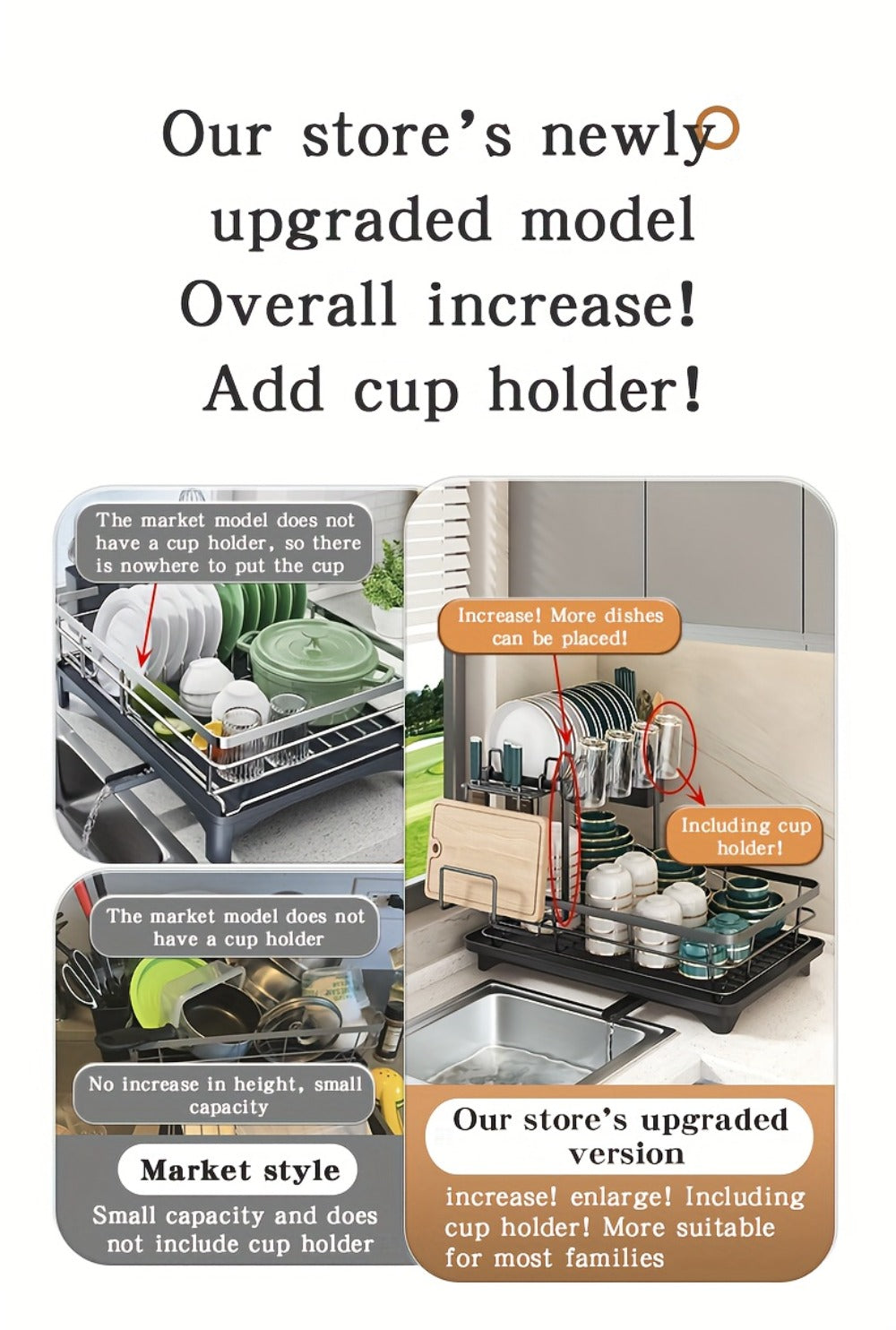 2-Tier Metal Dish Drying Rack with Cutlery Holder Cup Holder & Rust-Proof Drip Tray – Space Saving Countertop Kitchen Organizer