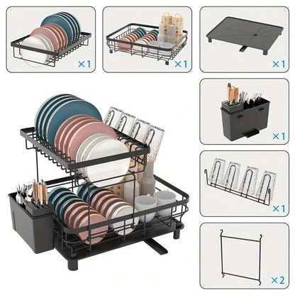 Dish Drying Rack 2-Tier Large Capacity Stainless Steel Detachable Dish Drainer for Kitchen Counter with Utensil Holder and Drain Board in Black White Gray