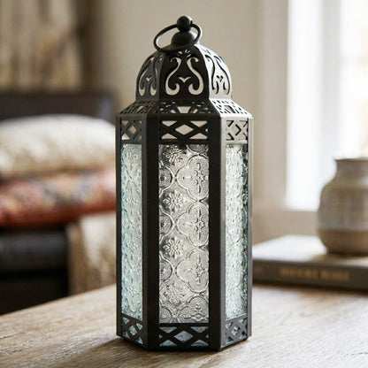 Moroccan Candle Lantern Holder - Decorative Metal & Glass Lantern with Embossed Floral Design for Indoor Home Decor, Garden, Patio, Weddings, Ramadan, Halloween & Holiday Celebrations - 10.5" Tall Medium Size