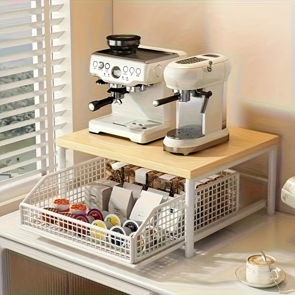 2-Tier Kitchen Countertop Organizer with Drawer & Wire Basket – Hardwood & Metal Storage Shelf for Coffee Maker, Utensils & Spices