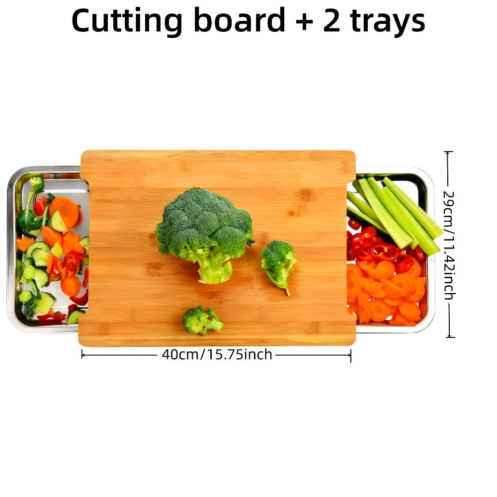 Bamboo Cutting Board with Trays & Drawers – Large Butcher Block Chopping Board with Food Sliding Opening, Stackable Airtight Storage Trays & Bamboo Lids – Kitchen Carving Board Gift for Home Cooks