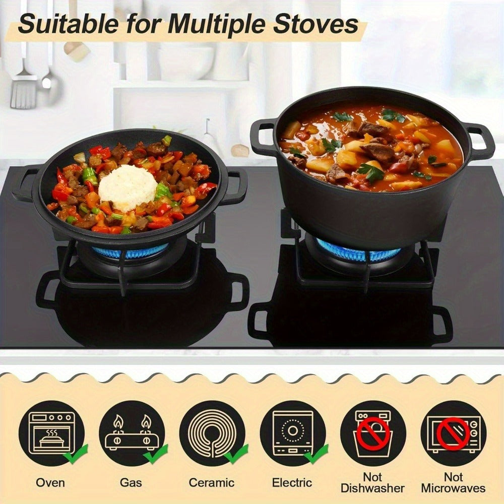 Cast Iron Dutch Oven 5 Quart Pre-Seasoned with Skillet Lid | 2-in-1 Non-Stick Crock Pot with Handles for Braising, Roasting & Casserole – All-in-One Cookware, Black