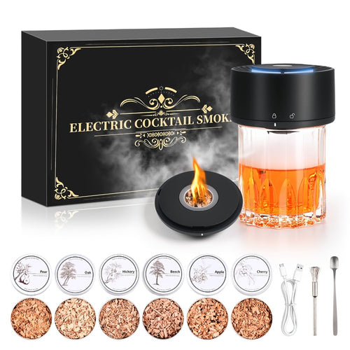 Cocktail Smoker Kit Rechargeable Electric, Whiskey Smoker Set with 6 Flavored Wood Chips, Old Fashioned Drink Smoker for Bourbon & Cocktails, Bartender Gift for Men, Dad & Christmas