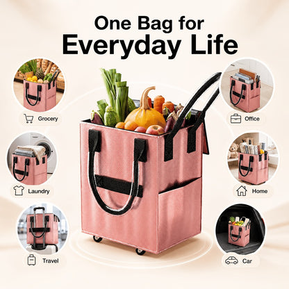 Rolling Grocery Bag with Wheels 60L Extra Large | 16 Gallon Heavy Duty Foldable Shopping Cart Waterproof | Multi-Function Travel Tote Utility Bag in Black Rose Gold