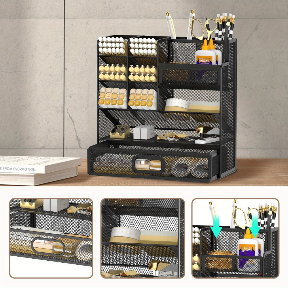Mesh Desk Organizer with Drawer – Multifunctional Desktop Pen Holder & Office Supply Organizer for Home Office, School & Art Studio – Pencil Cup Caddy with Storage Compartments, Multiple Colors Available