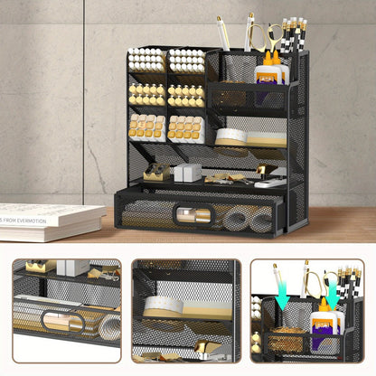 Mesh Desk Organizer with Drawer – Multifunctional Desktop Pen Holder & Office Supply Organizer for Home Office, School & Art Studio – Pencil Cup Caddy with Storage Compartments, Multiple Colors Available