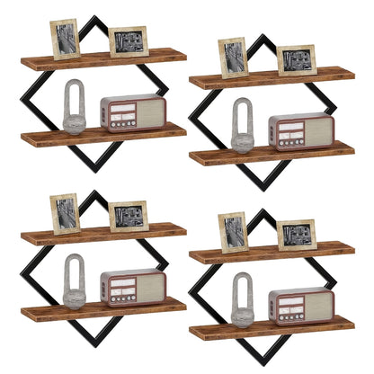 Floating Wall Shelves Double Layer Geometric Diamond Metal Wire Wood Display Stand Industrial Style for Living Room Kitchen 2 4 Pack