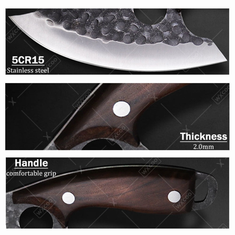 Viking Chef Knife Set 3/4pcs Hammered Stainless Steel Kitchen Knives – Boning, Utility & BBQ Knife with Wooden Handle for Cooking, Camping & Outdoor