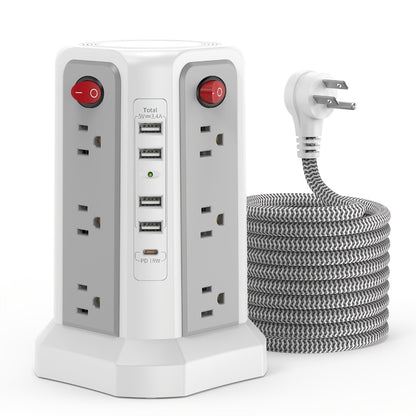 Power Strip Tower Surge Protector 16 AC Outlets 5 USB Ports PD20W USB-C Fast Charging Flat Plug Extension Cord 1500J Overload Protection Desktop Charging Station for Home Office Dorm