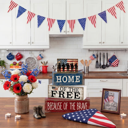 4th of July Tiered Tray Decor – Patriotic Wooden Table Centerpiece with American Flag Signs for Independence Day, Memorial Day & Rustic Farmhouse Home Decor