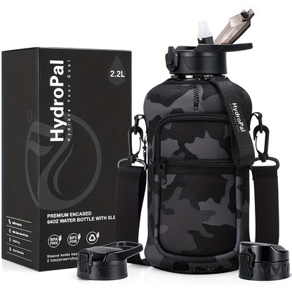 Half Gallon Water Bottle 74oz with Storage Sleeve & 2 Lids - Large Sports Water Jug for Gym, BPA-Free, Straw & Chug Lid, Time Marker, Shoulder Strap & Handle, Motivational Hydration Bottle