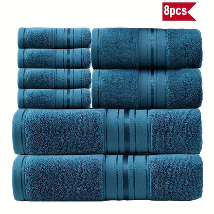 Cotton Bath Towel Set 8 Piece 550GSM Vintage Striped - 100% Cotton Hotel Quality Soft Absorbent Machine Washable | 2 Bath 2 Hand 4 Washcloths | 15 Colors | Bathroom Hotel Spa Gift
