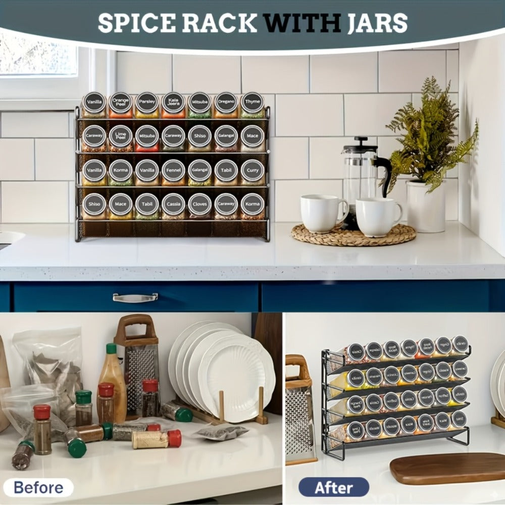 Spice Rack Organizer with 28 Jars, 386 Pre-Printed Labels, Chalk Marker & Funnel — Wall Mount, Cabinet, Countertop & Pantry Spice Storage | 13.4"W × 10.8"H | Black