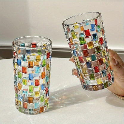Hand-Painted Drinking Glasses Set – Colorful Square Lattice Woven Handcrafted Glass for Water, Juice, Whiskey & Beer – Artistic Decorative Glassware for Home Bar & Entertaining – 2pc or 4pc