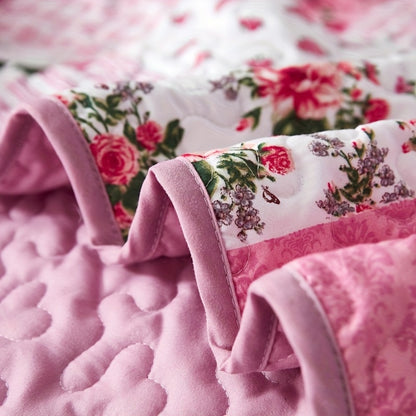Quilted Bedspread Set 3 Piece Pink Floral Patchwork Comforter Set with 2 Pillowcases, Machine Washable All Season Bed Cover, Soft Breathable Bedroom Bedding Set Twin Full Queen King