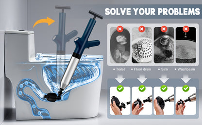 Toilet Plunger Set High Pressure Air Drain Unclogger - Stainless Steel Toilet Snake & Air Discharge Impactor for Clogged Toilet, Kitchen Sink, Bathroom Drain & Pipe Blockage Removal