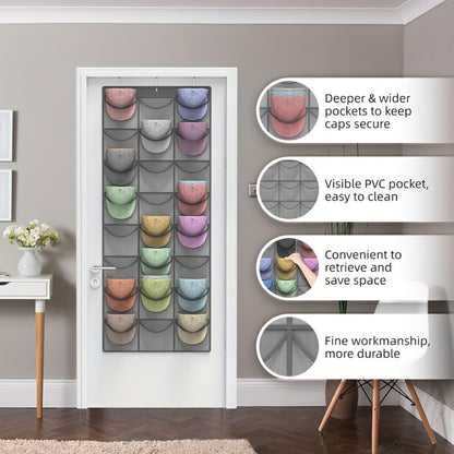 Over the Door Hat Organizer 24 Pocket - Baseball Cap Rack with Large Clear Pockets and 3 Hooks for Hat Storage Protection and Display in Closet