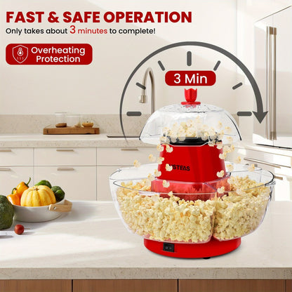 Hot Air Popcorn Maker with 4 Bowls – Oil-Free Electric Popcorn Machine 95% Pop Rate Ready in 3 Min | Portable Popcorn Popper for Movie Night Family Gatherings Parties Home Theater Kitchen Use Red