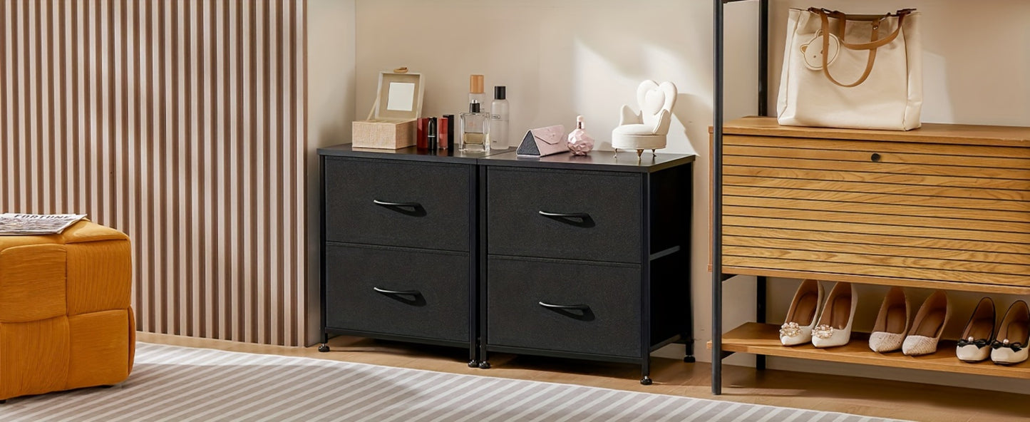 Nightstand with 2 Storage Drawers, 20" Bedside Table with Wooden Top & Fabric Cabinet, Steel Frame Mini Dresser for Bedroom, Dorm, Living Room – 1pc or Set of 2pcs, Black White Grey Rustic Brown