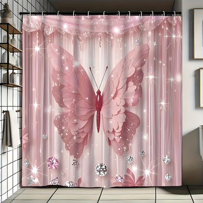 Shower Curtain Set Diamond Butterfly Print 70.8x70.8 Inch - 4 Piece Bathroom Set with U-Shape Toilet Seat Cover Non-Slip Rug 12 Hooks Machine Washable | Cyan Purple Pink | All Season Bathroom Decor