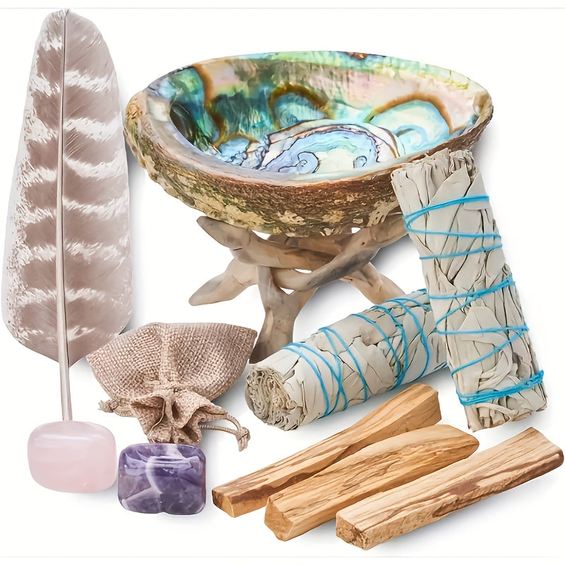 White Sage Smudge Kit 11pcs – 2 White Sage Bundles, 3 Palo Santo Sticks, Abalone Shell with Stand, Crystal Stones – Spiritual Cleansing Gift Set for Home, Meditation & Ritual Decor