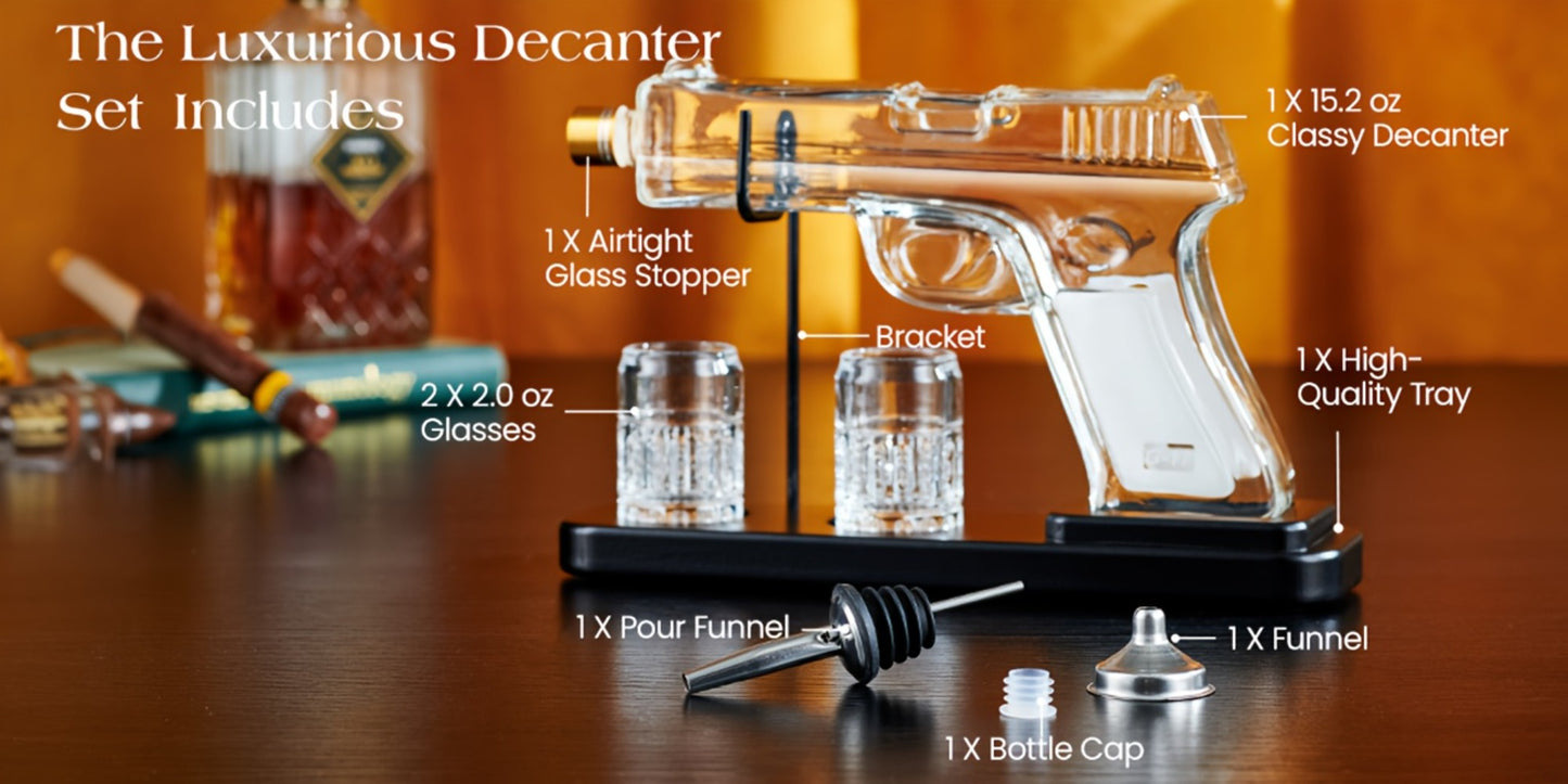 Pistol Whiskey Decanter Set with 2 Shot Glasses – Cool Liquor Dispenser Gift for Him, Husband, Dad | Unique Birthday & Anniversary Bar Gift
