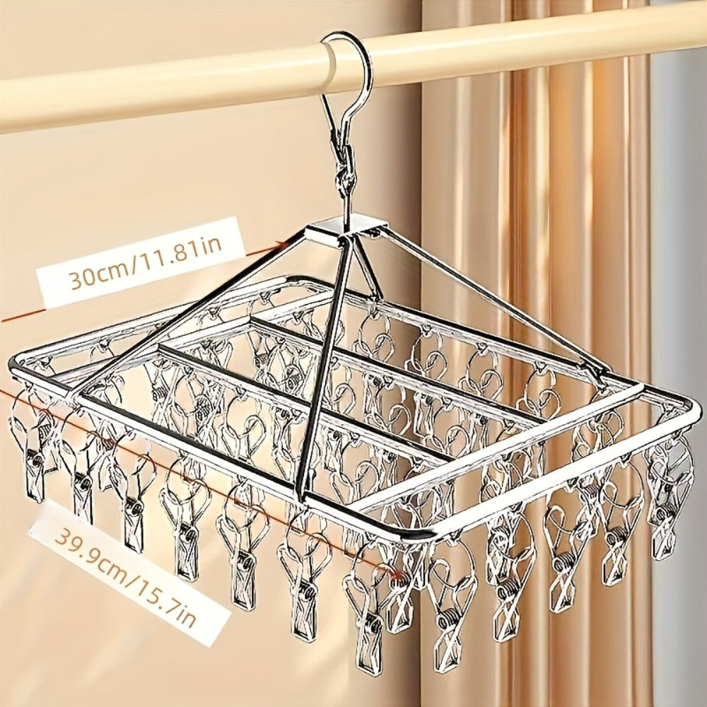 Clothes Drying Rack with Clips Stainless Steel Laundry Hanger Windproof Skidproof Multi-Clip Sock Underwear Dryer for Home Bedroom Balcony – 30/40/50 Clips