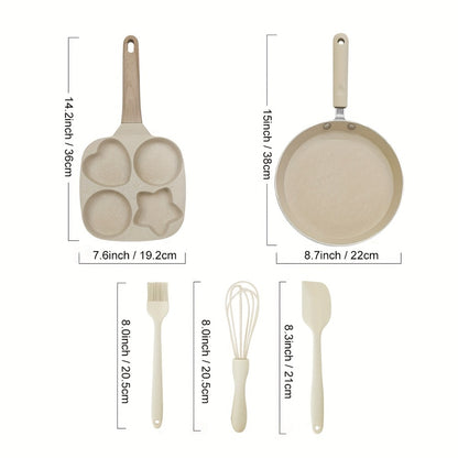 Non-Stick Cookware Set 5-Piece Beige – Pumice Stone Coating Egg Frying Pan Pancake Skillet with Kitchen Utensils | Aluminum Induction Compatible Home Cooking Set for Eggs Pancakes & Breakfast
